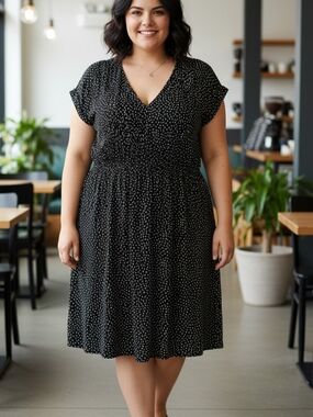 Signature Black & White Polka Dot V-Neck Midi Dress